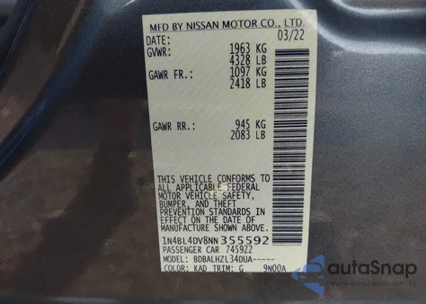 2022 Nissan Altima Sv Fwd from USA, damaged, VIN 1N4BL4DV8NN355592